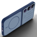 Angled view of Blue mobile case for Vivo Y300 5G with proper charging port cutout, speaker holes and strong corner protection.