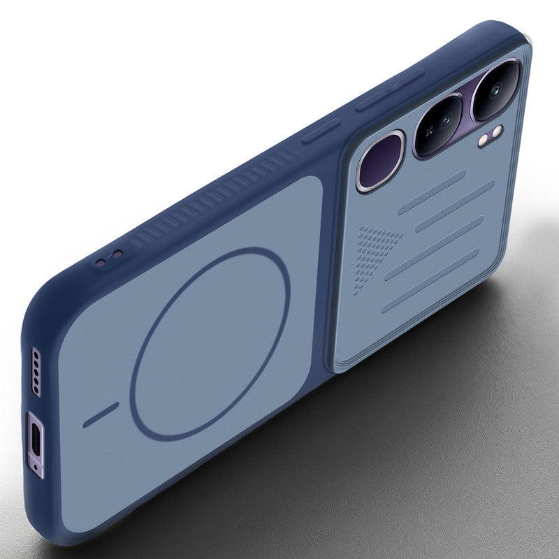 Angled view of Blue mobile case for Vivo Y300 5G with proper charging port cutout, speaker holes and strong corner protection.