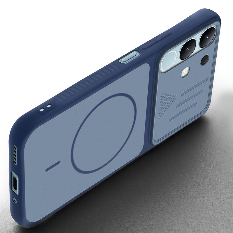 Angled view of Blue mobile case for Vivo Y31 5G with proper charging port cutout, speaker holes and strong corner protection.