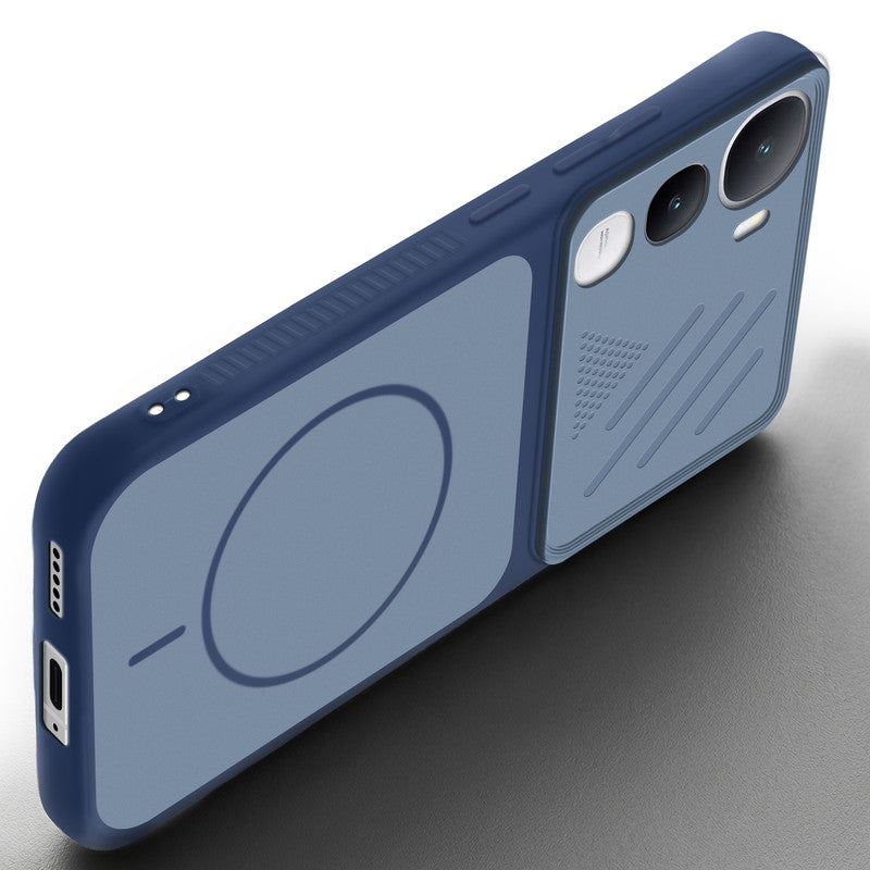 Angled view of Blue mobile case for Vivo Y400 5G with proper charging port cutout, speaker holes and strong corner protection.