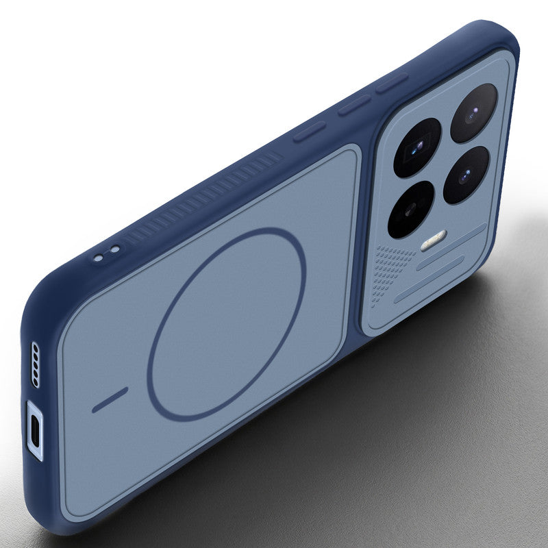 Angled view of Blue mobile case for Xiaomi 17T 5G with proper charging port cutout, speaker holes and strong corner protection.