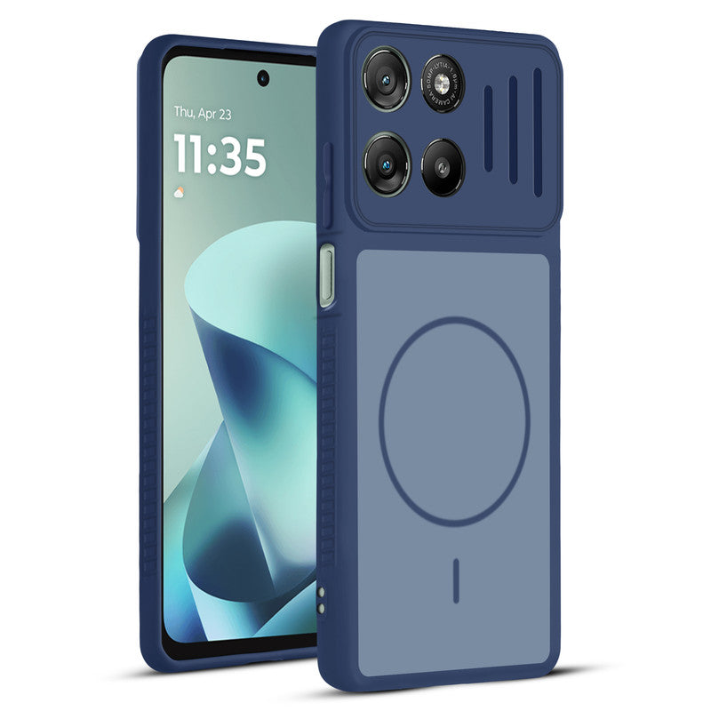 Front and back view of Blue protective back cover for Motorola G57 Power 5G with textured sides, camera guard and slim fit design.