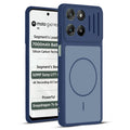 Front and back view of Blue protective back cover for Motorola G67 Power 5G with textured sides, camera guard and slim fit design.