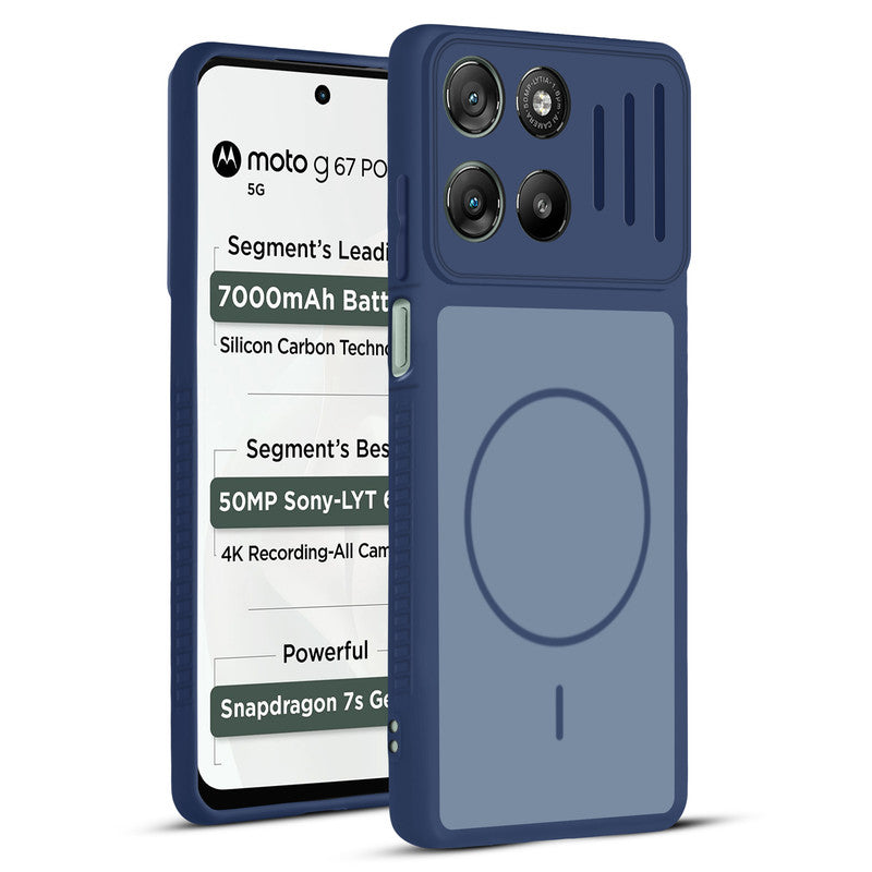 Front and back view of Blue protective back cover for Motorola G67 Power 5G with textured sides, camera guard and slim fit design.