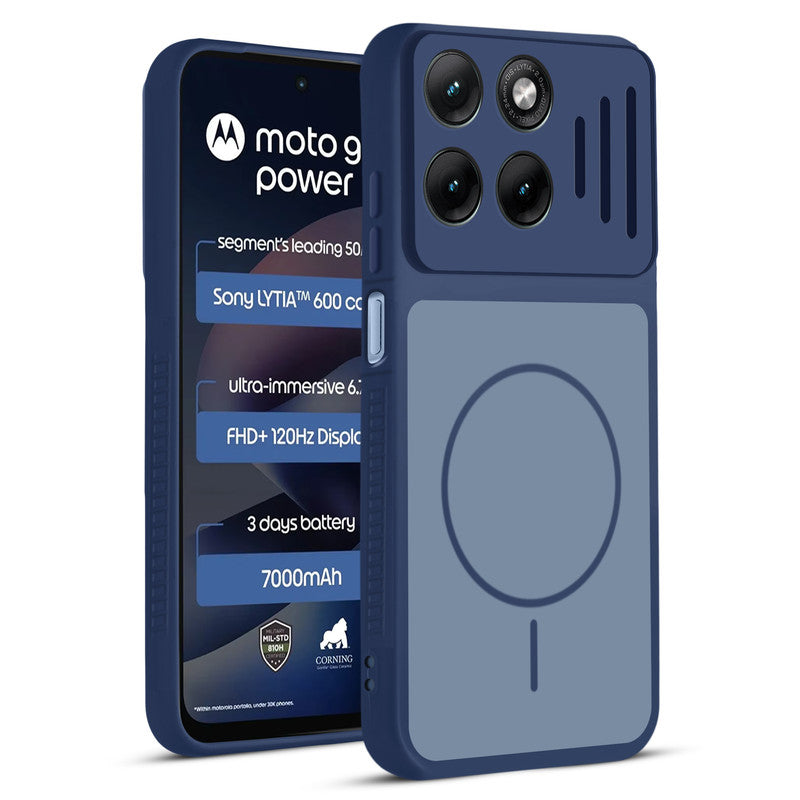 Front and back view of Blue protective back cover for Motorola G77 Power 5G with textured sides, camera guard and slim fit design.