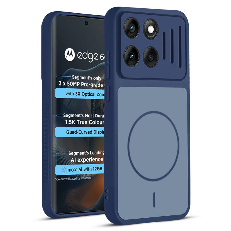 Front and back view of Blue protective back cover for Motorola Moto Edge 60 5G with textured sides, camera guard and slim fit design.