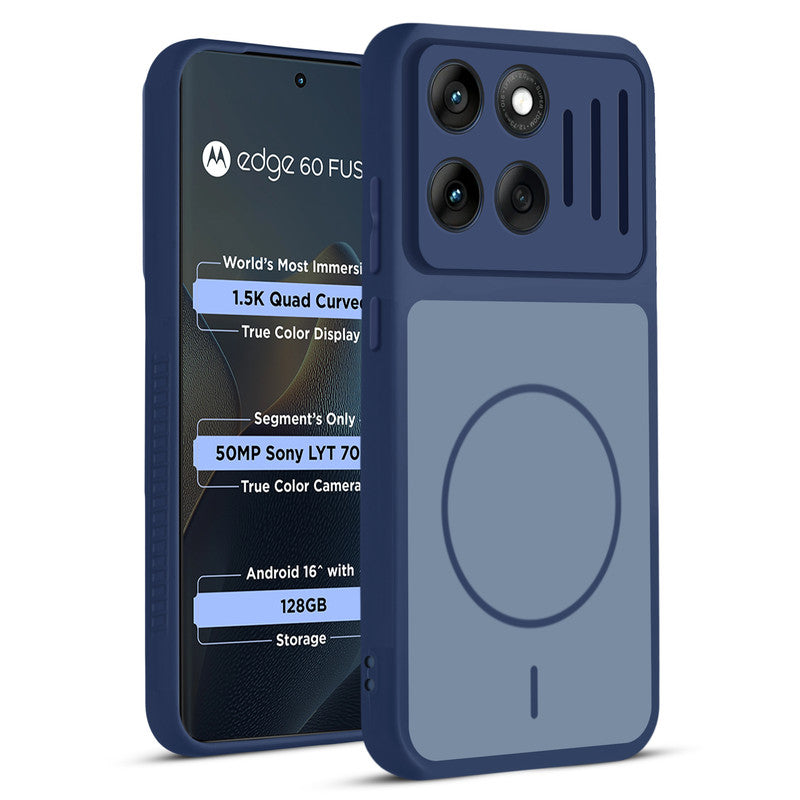 Front and back view of Blue protective back cover for Motorola Moto Edge 60 Fusion 5G with textured sides, camera guard and slim fit design.