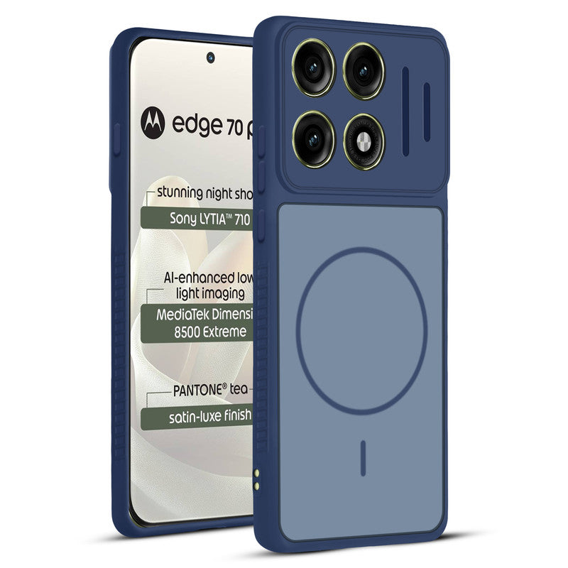 Front and back view of Blue protective back cover for Motorola Moto Edge 70 Pro 5G with textured sides, camera guard and slim fit design.
