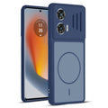 Front and back view of Blue protective back cover for Motorola Moto G85 5G with textured sides, camera guard and slim fit design.
