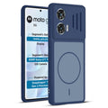 Front and back view of Blue protective back cover for Motorola Moto G96 5G with textured sides, camera guard and slim fit design.