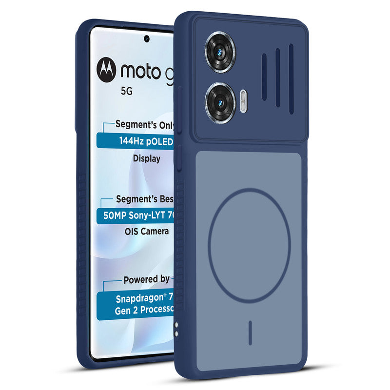 Front and back view of Blue protective back cover for Motorola Moto G96 5G with textured sides, camera guard and slim fit design.