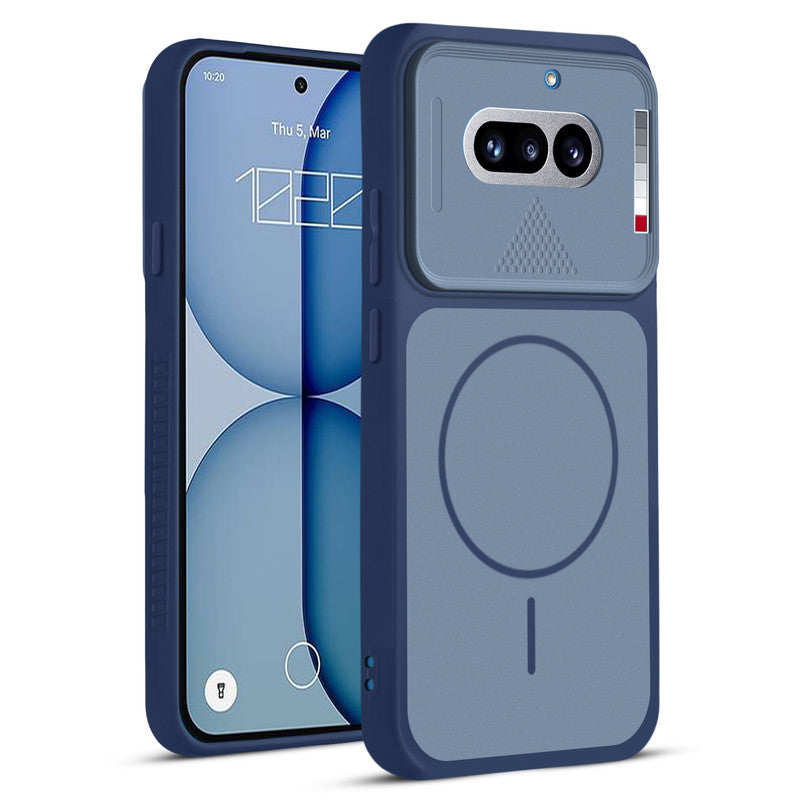 Front and back view of Blue protective back cover for Nothing Phone 4A 5G with textured sides, camera guard and slim fit design.