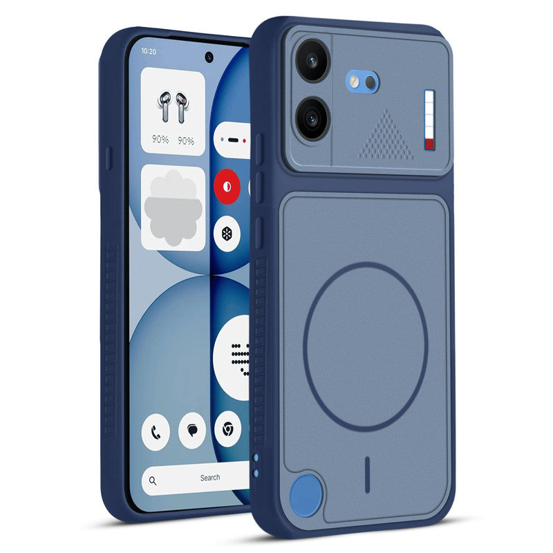 Front and back view of Blue protective back cover for Nothing Phone 4B 5G with textured sides, camera guard and slim fit design.