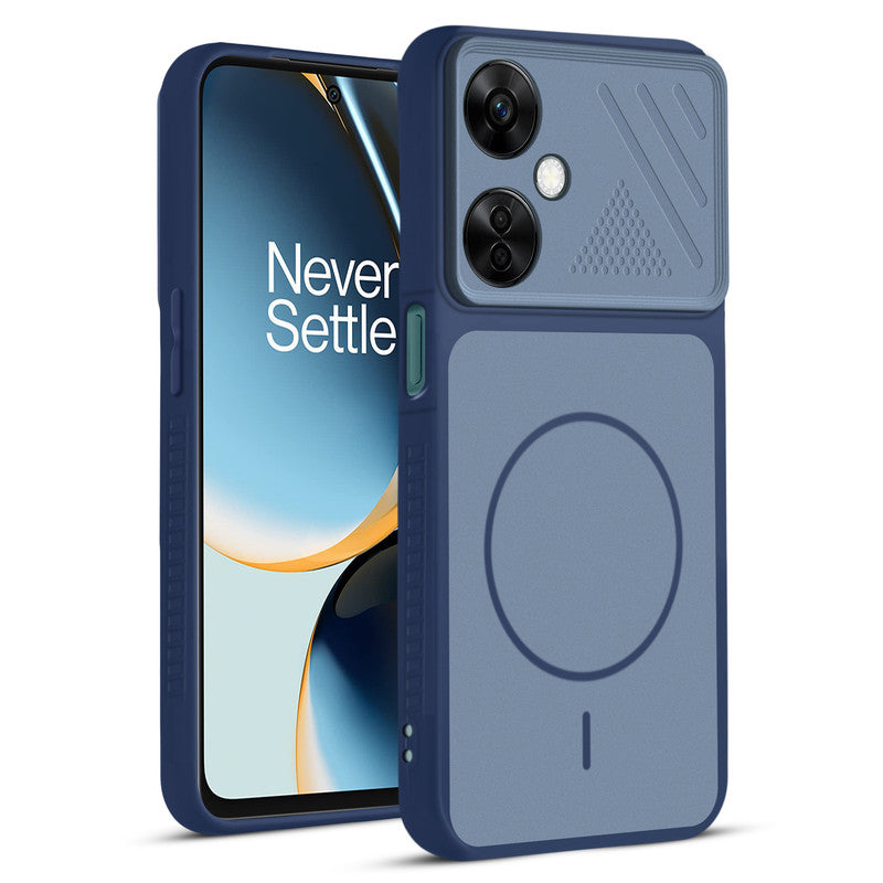 Front and back view of Blue protective back cover for OnePlus Nord CE 3 Lite 5G with textured sides, camera guard and slim fit design.