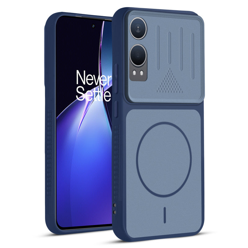 Front and back view of Blue protective back cover for OnePlus Nord CE 4 Lite 5G with textured sides, camera guard and slim fit design.