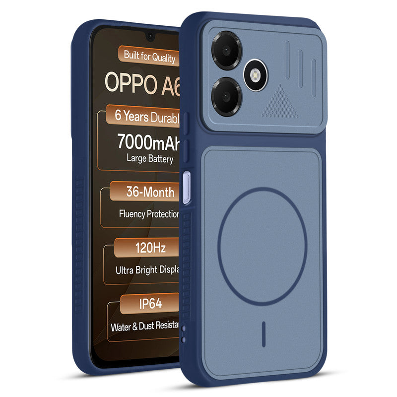 Front and back view of Blue protective back cover for Oppo A6C 4G with textured sides, camera guard and slim fit design.