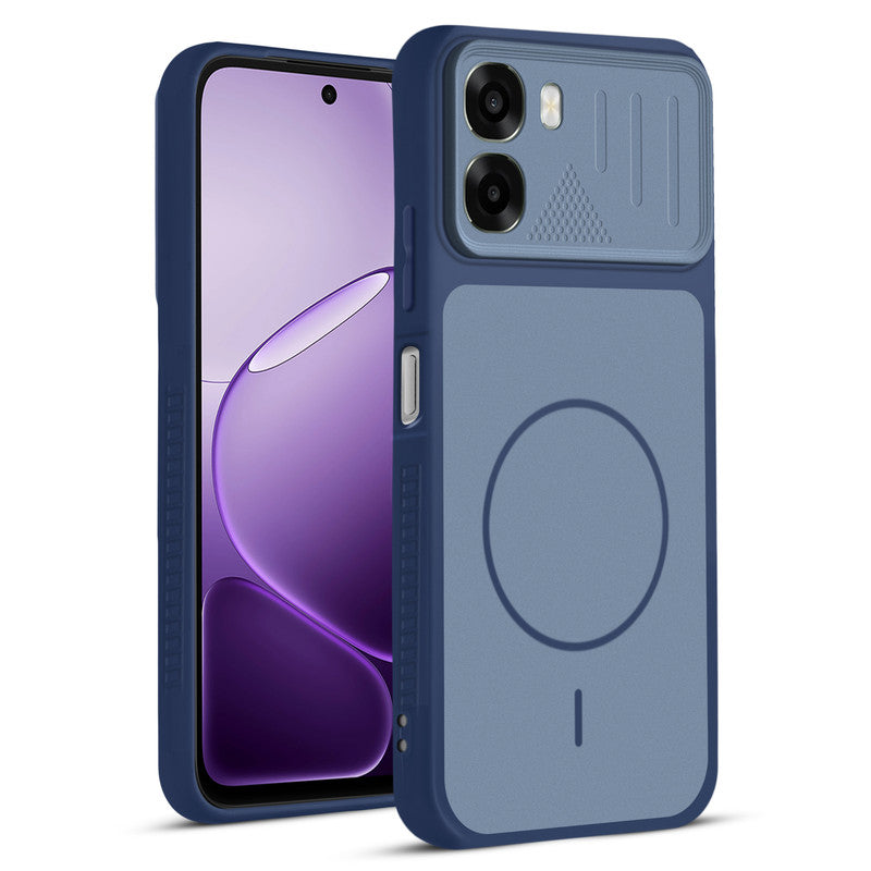 Front and back view of Blue protective back cover for Oppo A6s 5G with textured sides, camera guard and slim fit design.