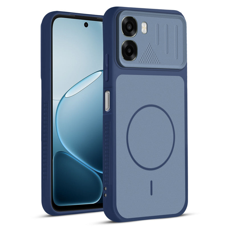 Front and back view of Blue protective back cover for Oppo A6x 5G with textured sides, camera guard and slim fit design.