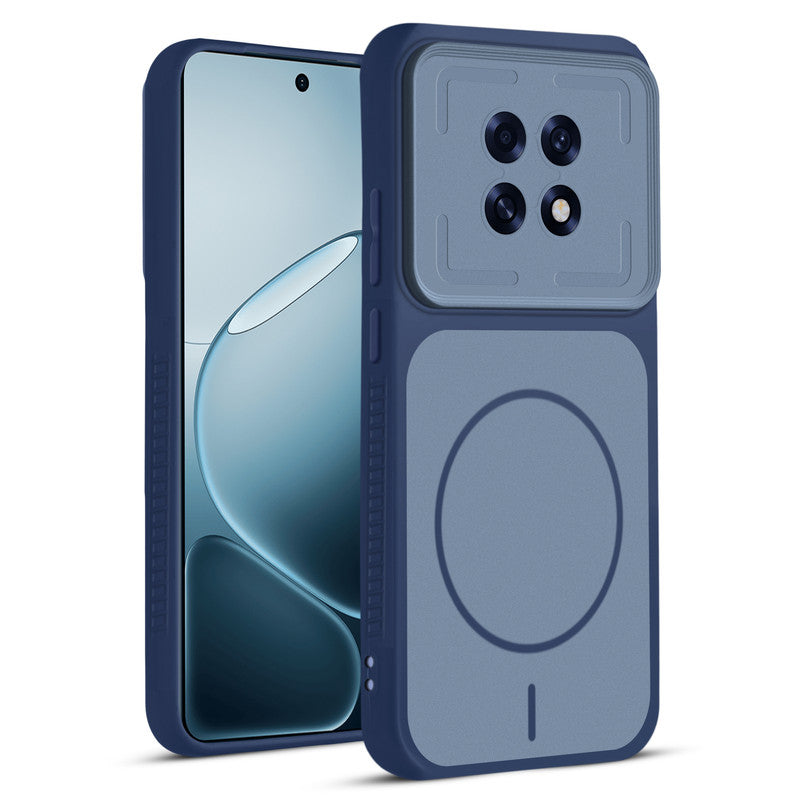 Front and back view of Blue protective back cover for Oppo F31 Pro Plus 5G with textured sides, camera guard and slim fit design.