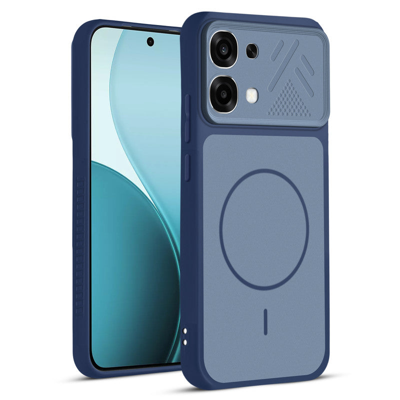 Front and back view of Blue protective back cover for Oppo F33 5G with textured sides, camera guard and slim fit design.