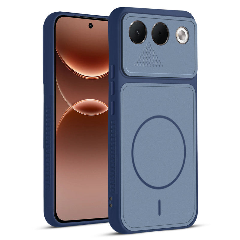 Front and back view of Blue protective back cover for Oppo F35 5G with textured sides, camera guard and slim fit design.