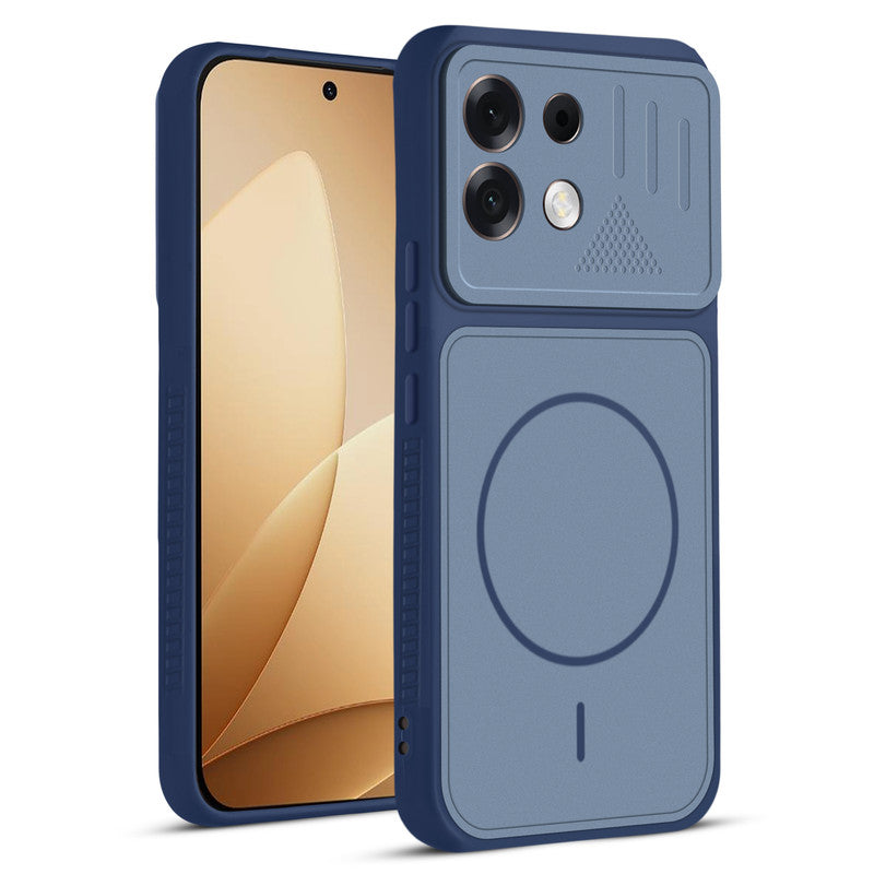 Front and back view of Blue protective back cover for Oppo F35 Pro 5G with textured sides, camera guard and slim fit design.