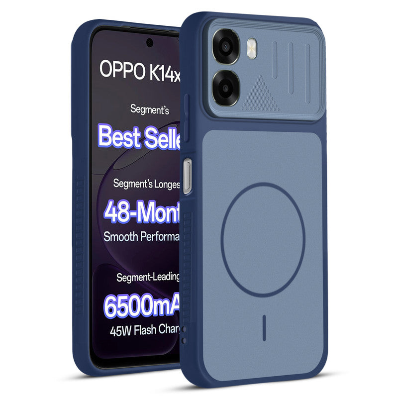 Front and back view of Blue protective back cover for Oppo K14x 5G with textured sides, camera guard and slim fit design.