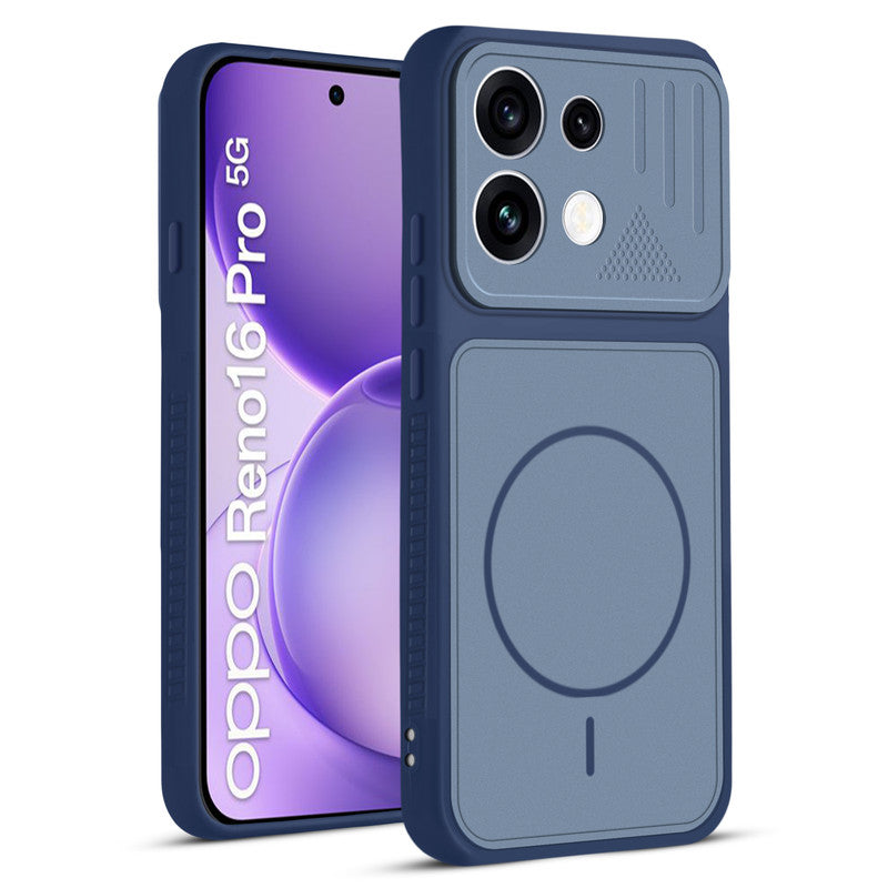 Front and back view of Blue protective back cover for Oppo Reno 16 Pro 5G with textured sides, camera guard and slim fit design.