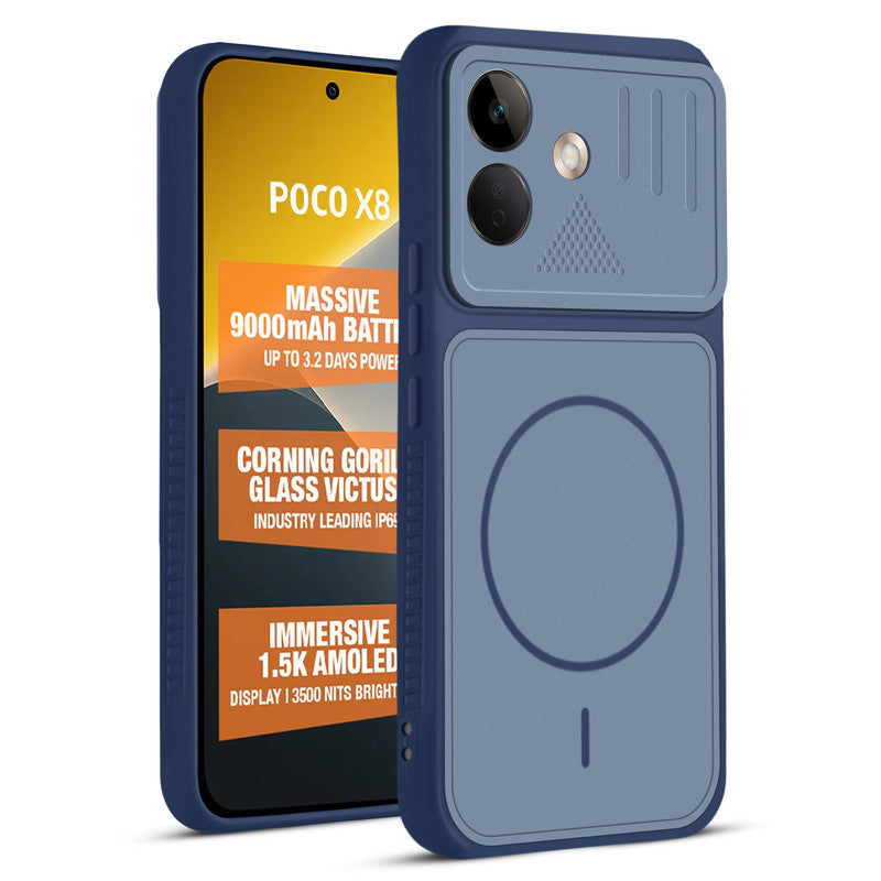 Front and back view of Blue protective back cover for POCO X8 5G with textured sides, camera guard and slim fit design.