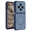 Front and back view of Blue protective back cover for Poco C75 5G with textured sides, camera guard and slim fit design.