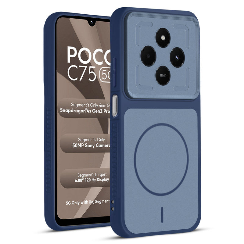 Front and back view of Blue protective back cover for Poco C75 5G with textured sides, camera guard and slim fit design.