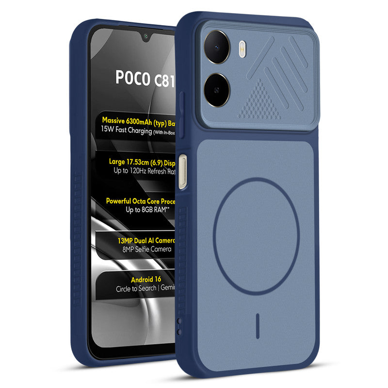 Front and back view of Blue protective back cover for Poco C81 4G with textured sides, camera guard and slim fit design.