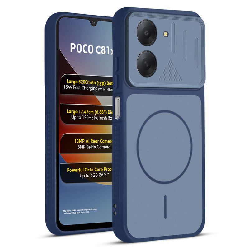 Front and back view of Blue protective back cover for Poco C81x 4G with textured sides, camera guard and slim fit design.
