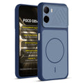Front and back view of Blue protective back cover for Poco C85x 5G with textured sides, camera guard and slim fit design.