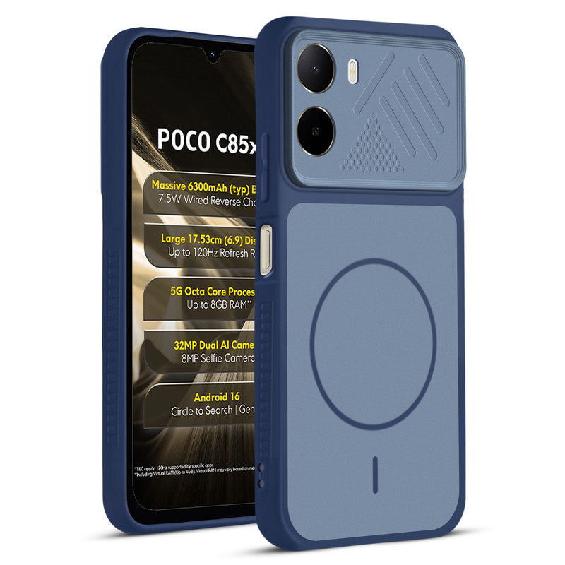 Front and back view of Blue protective back cover for Poco C85x 5G with textured sides, camera guard and slim fit design.
