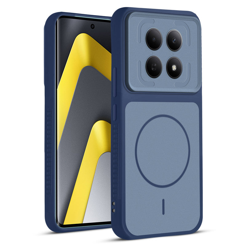 Front and back view of Blue protective back cover for Poco M8 5G with textured sides, camera guard and slim fit design.