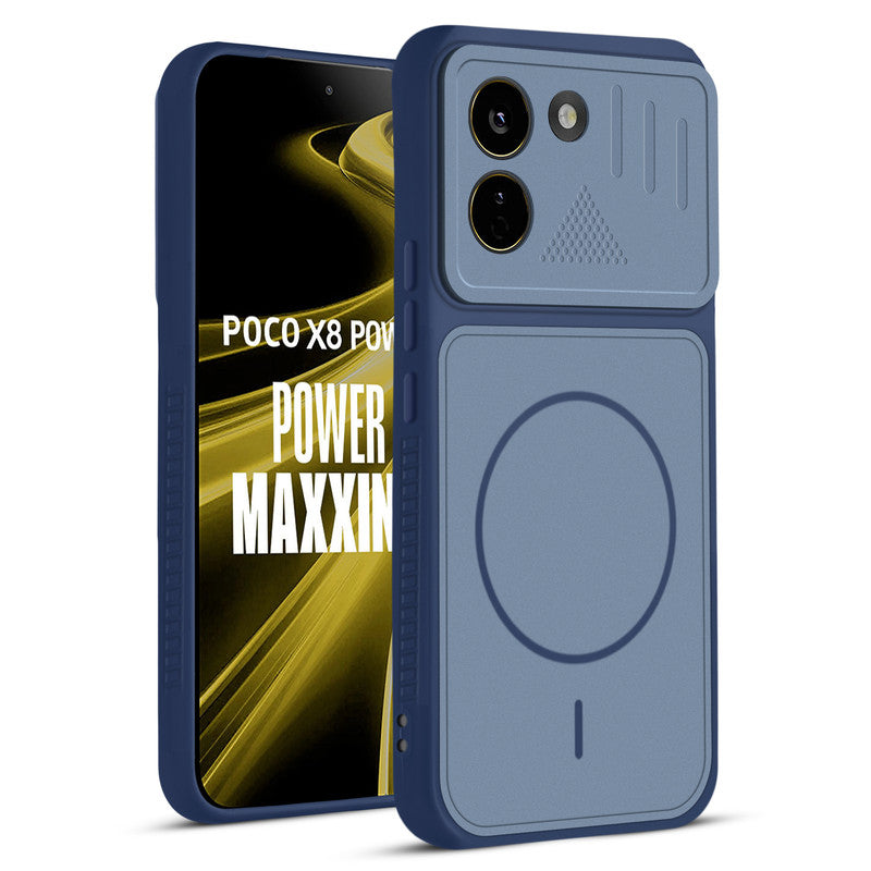 Front and back view of Blue protective back cover for Poco X8 Power 5G with textured sides, camera guard and slim fit design.