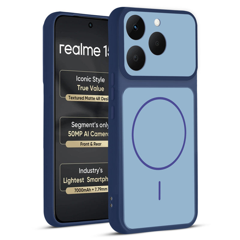 Front and back view of Blue protective back cover for Realme 15T 5Gwith textured sides, camera guard and slim fit design.