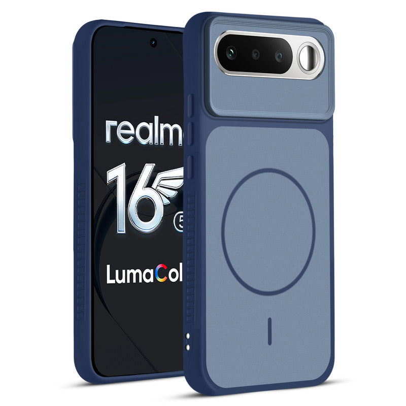 Front and back view of Blue protective back cover for Realme 16 5G with textured sides, camera guard and slim fit design.
