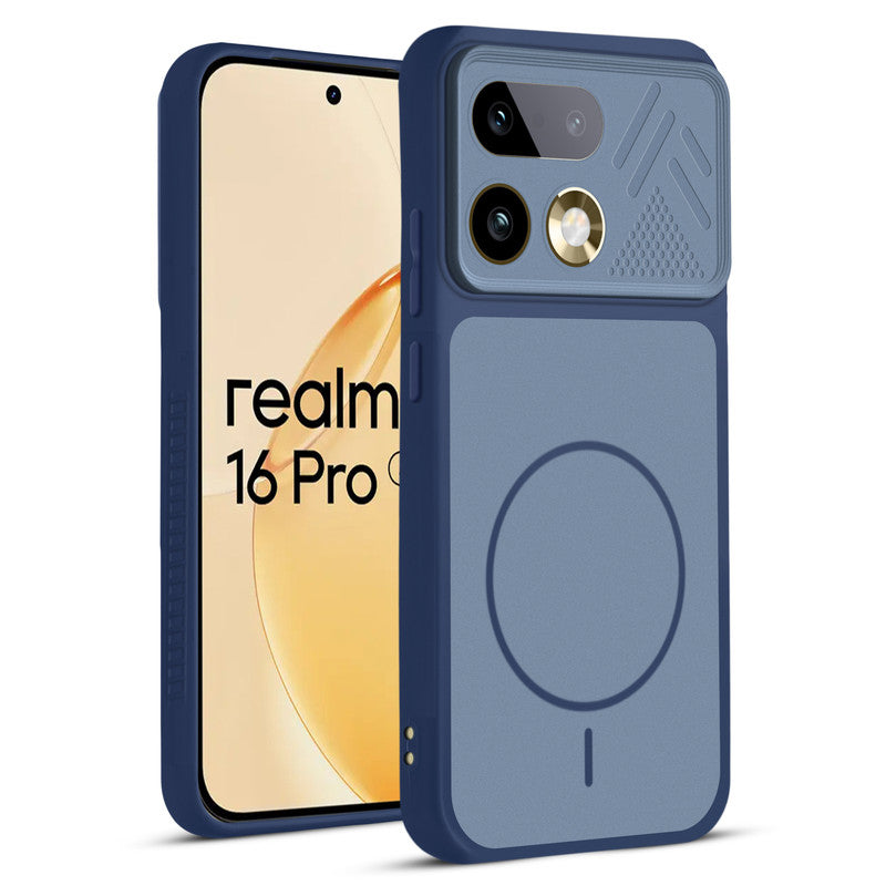 Front and back view of Blue protective back cover for Realme 16 Pro 5G with textured sides, camera guard and slim fit design.
