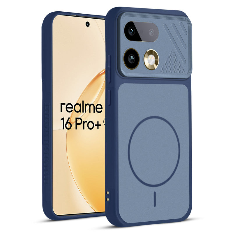Front and back view of Blue protective back cover for Realme 16 Pro Plus 5G with textured sides, camera guard and slim fit design.