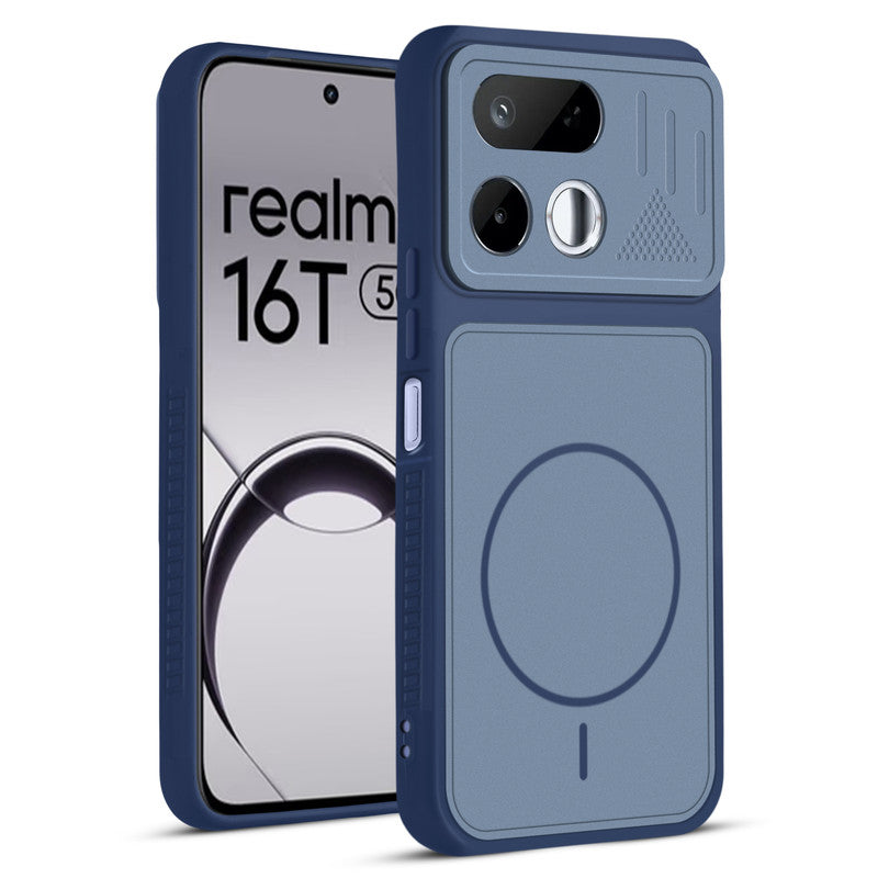 Front and back view of Blue protective back cover for Realme 16T 5G with textured sides, camera guard and slim fit design.