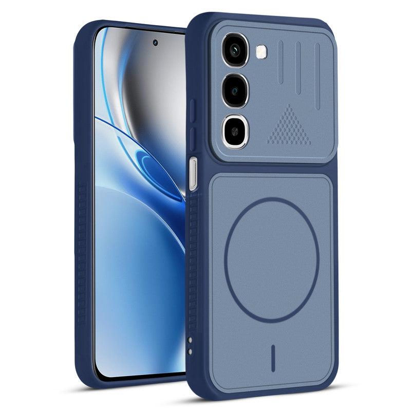 Front and back view of Blue protective back cover for Realme 16x 5G with textured sides, camera guard and slim fit design.