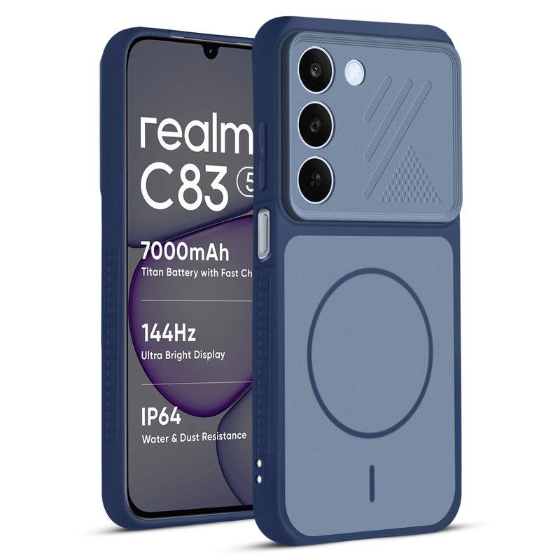 Front and back view of Blue protective back cover for Realme C83 5G with textured sides, camera guard and slim fit design.