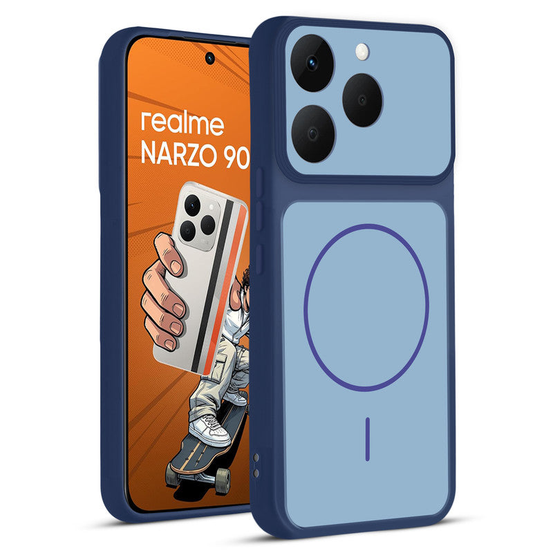 Front and back view of Blue protective back cover for Realme Narzo 90 5G with textured sides, camera guard and slim fit design.