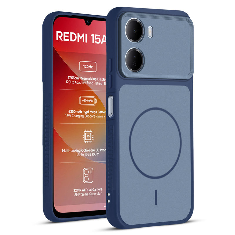Front and back view of Blue protective back cover for Redmi 15A 5G with textured sides, camera guard and slim fit design.