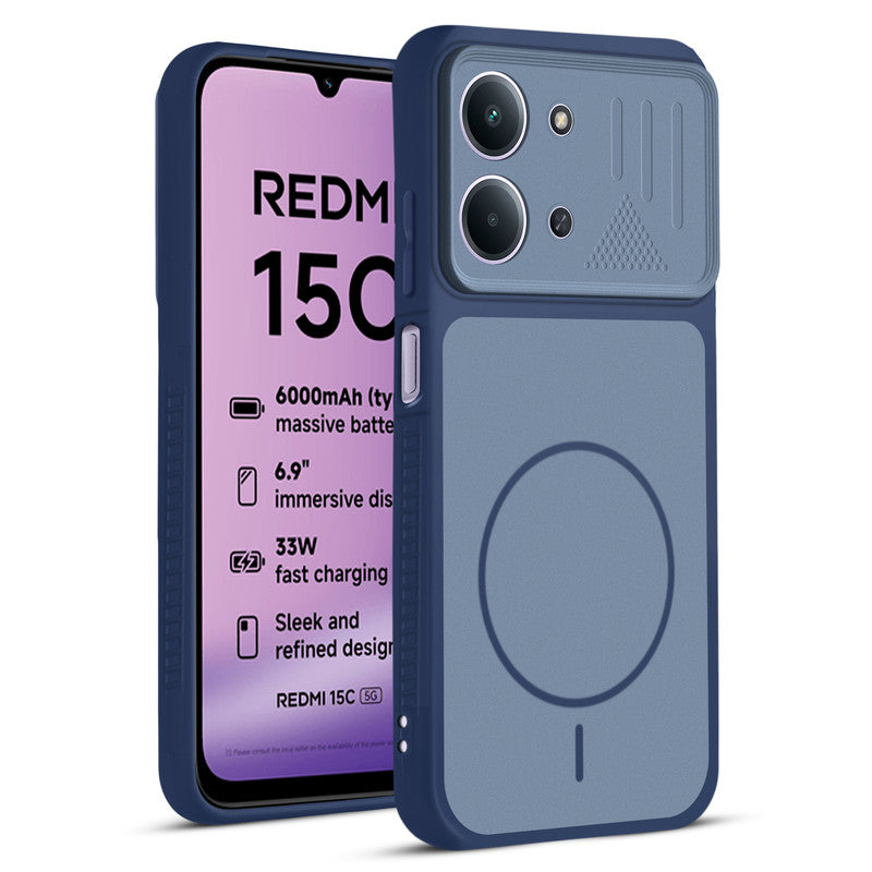Front and back view of Blue protective back cover for Redmi 15C 5G with textured sides, camera guard and slim fit design.