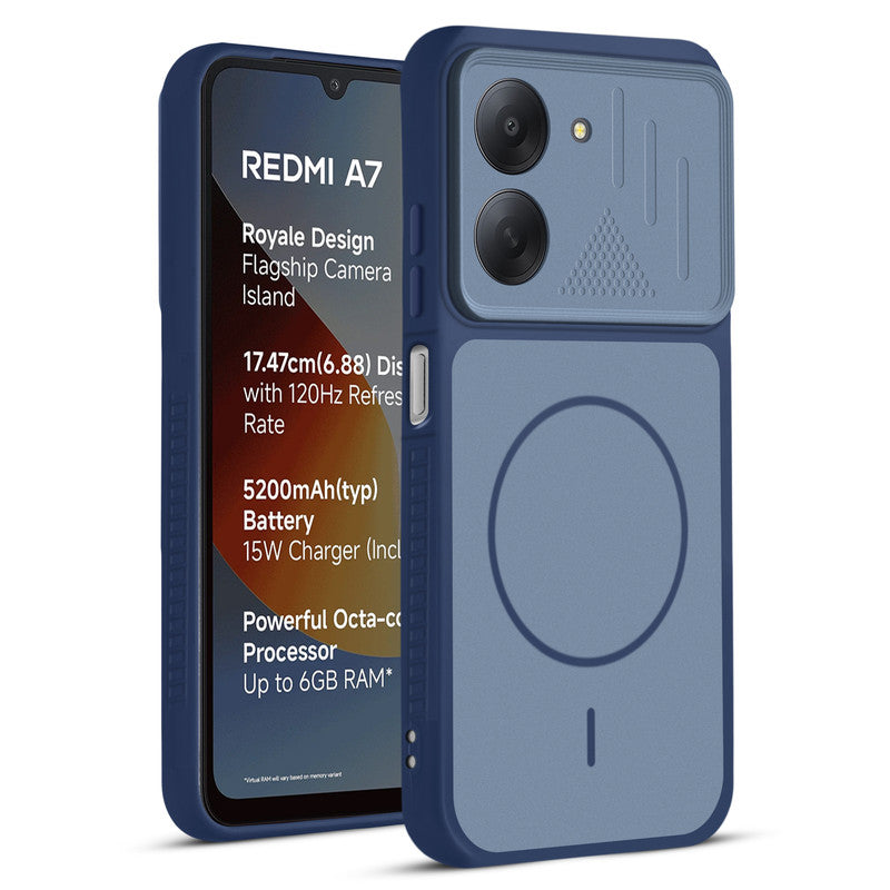 Front and back view of Blue protective back cover for Redmi A7 4G with textured sides, camera guard and slim fit design.