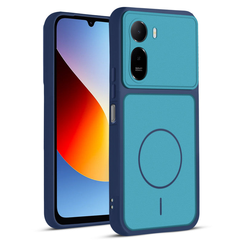 Front and back view of Blue protective back cover for Redmi A7 Pro 5G with textured sides, camera guard and slim fit design.