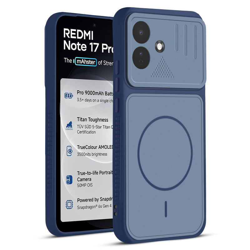 Front and back view of Blue protective back cover for Redmi Note 17 Pro 5G with textured sides, camera guard and slim fit design.